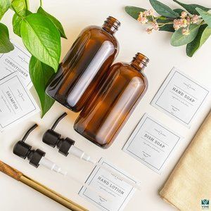 Vine Creations Amber Glass Soap Dispenser 2 Pack, Thick 16oz Bottles Rustproof